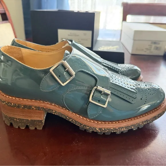 Angela Scott Teal Patent Kiltie Double-Buckle Loafers